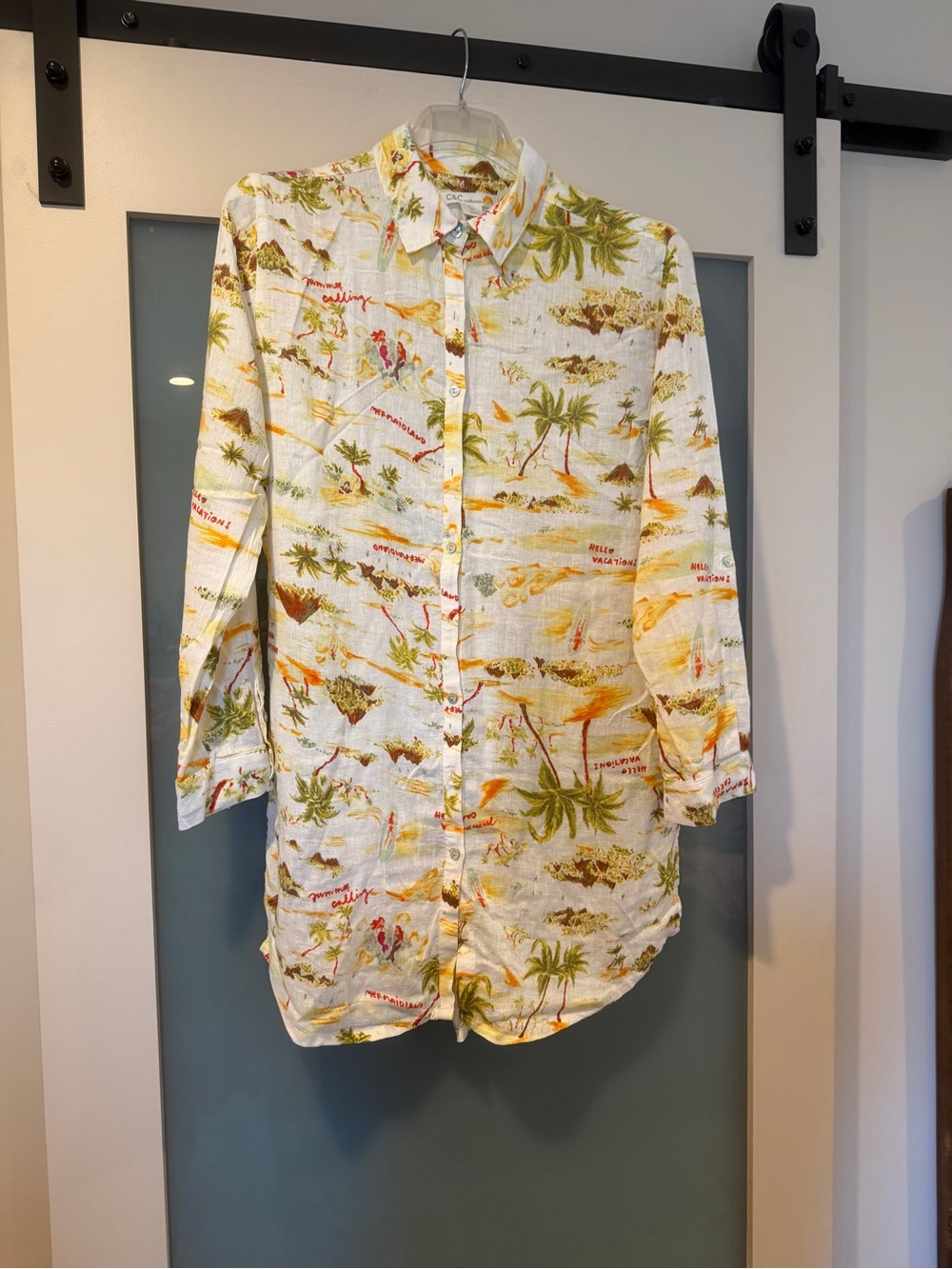 C&C California White Tropical Print Button-Down Shirt with Green & Yellow Motifs